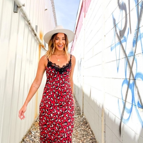 Zara Basic Leopard Cheetah Print Red and Black Nightgown Slip Dress Lace S - Picture 1 of 12